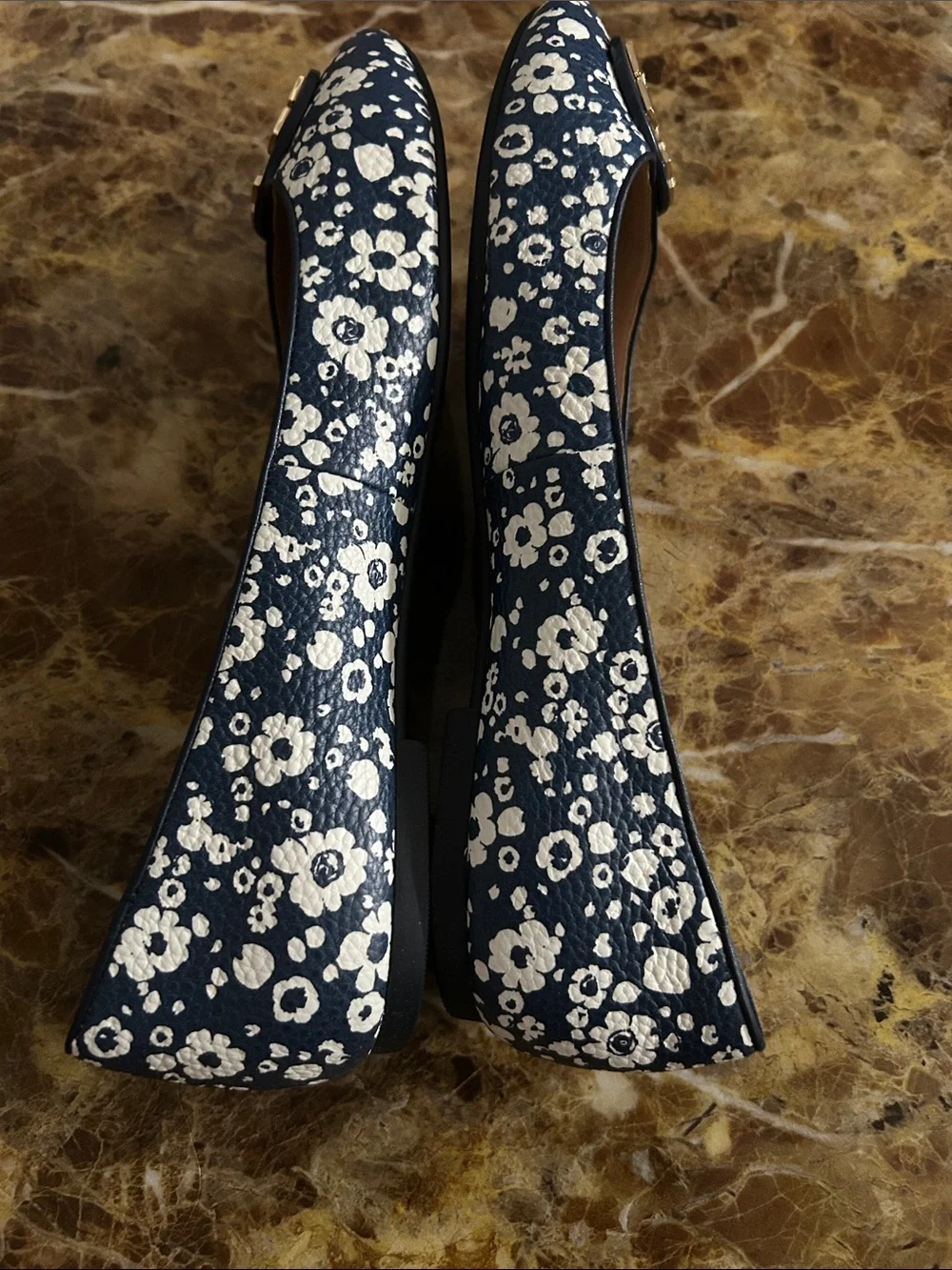 Tory Burch Navy and White Floral Logo Ballet Flats, size 8.5